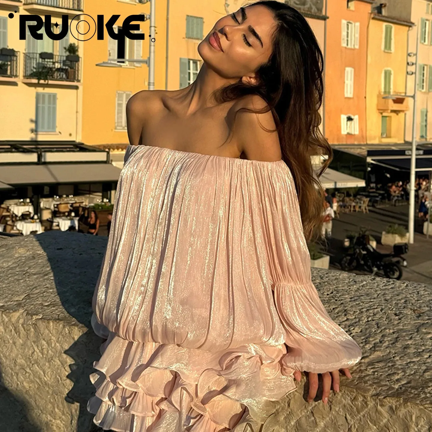 ruffles slash neck women dress summer off shoulder [RUOKE] Vacation Elegant Romantic Dress Women Off Shoulder Ruffle Mini  Dress Slash Neck Tiered Dress Summer Beach Holiday Party