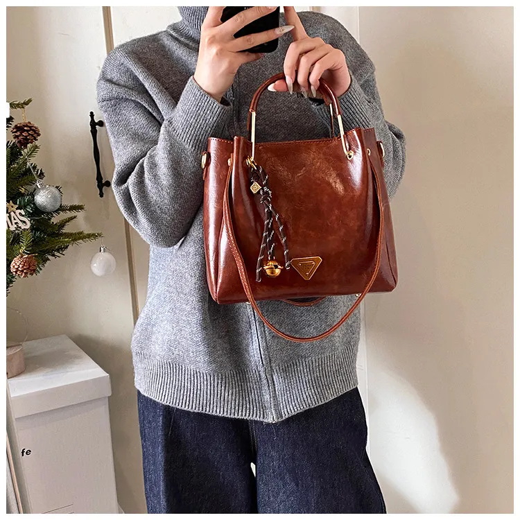 Vintage Oil Wax Leather Bucket Handbag Dual Handle From