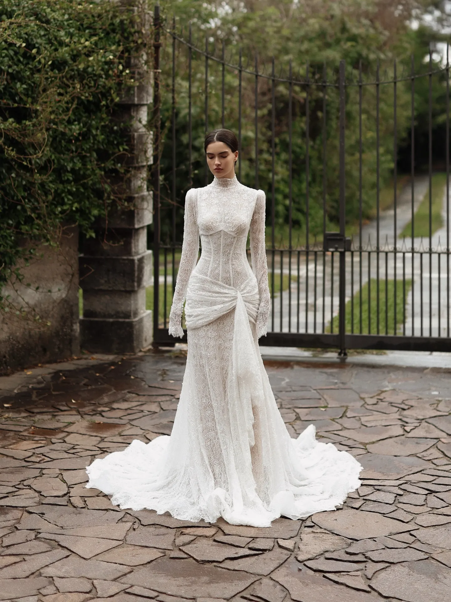 mermaid wedding dress with high neck Lace Mermaid High Neck Long Sleeves Beach Wedding Dresses, Bridal Gown, MW618