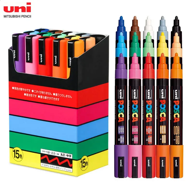 wholesale Uni PC-5M 15 Colors Set POSCA Paint Marker Pen Acrylic Water-based Art Painting POSCA Markers for Fabric Leather Glass Wood DIY 240830