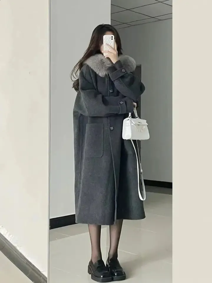 Abrigo De Lana Gris Mujeres Abrigo De Invierno De Longitud Media