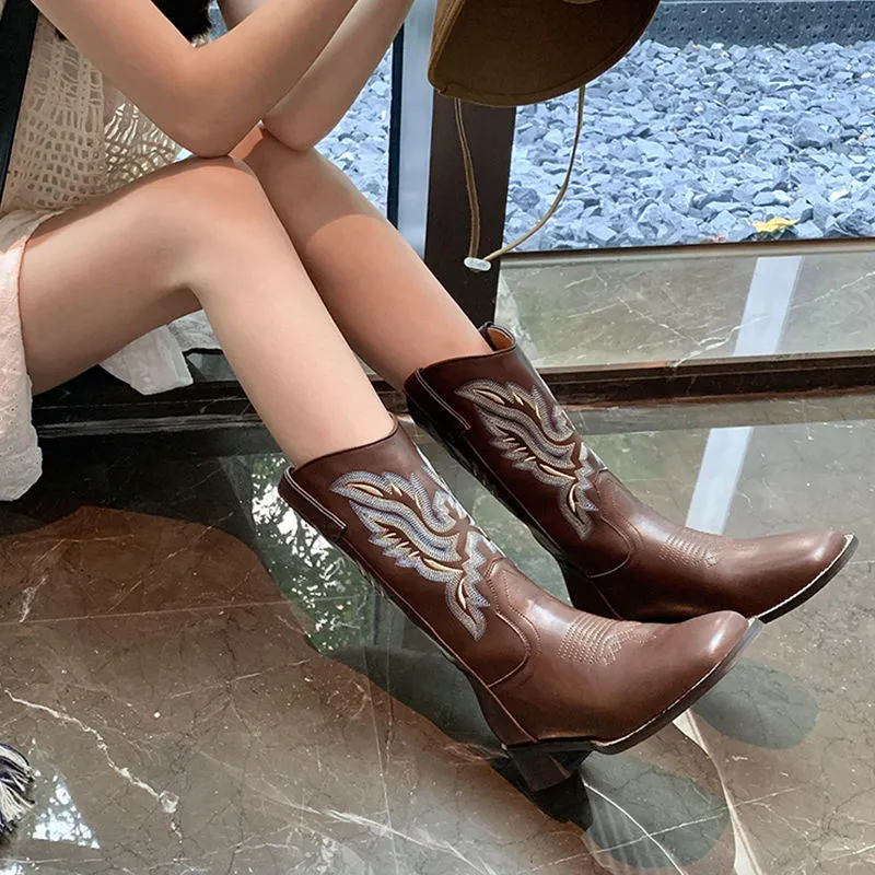 Womens Brown Wide Calf Boots Retro Embroidered Western Cowgirl
