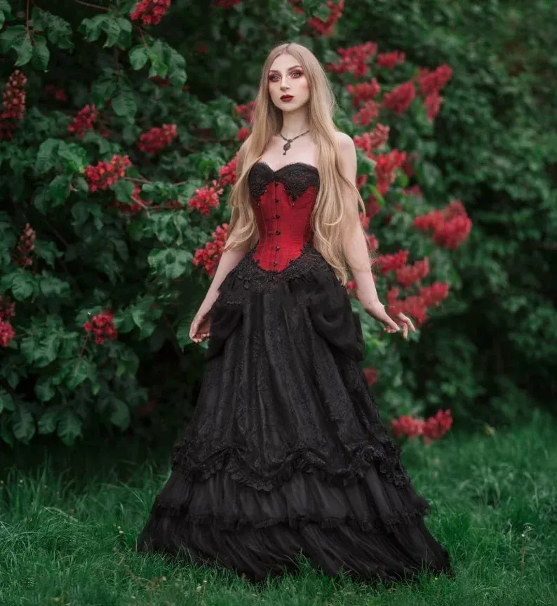 Vintage Gothic Black And Red Black Corset Prom Dress With Sweetheart ...