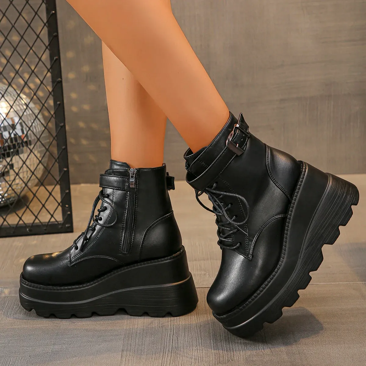 Gothic Platform Boots For Women Black Round Toe Ankle Booties With