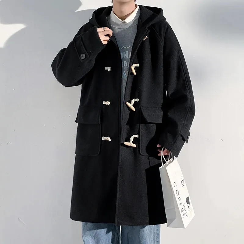 British Style Cow Horn Hooded Wool Coat Mens With Lamb Fleece 