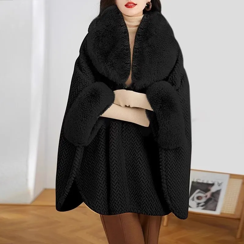Elegant Wool Blend Cape Coat - Korean Style Fur Collar