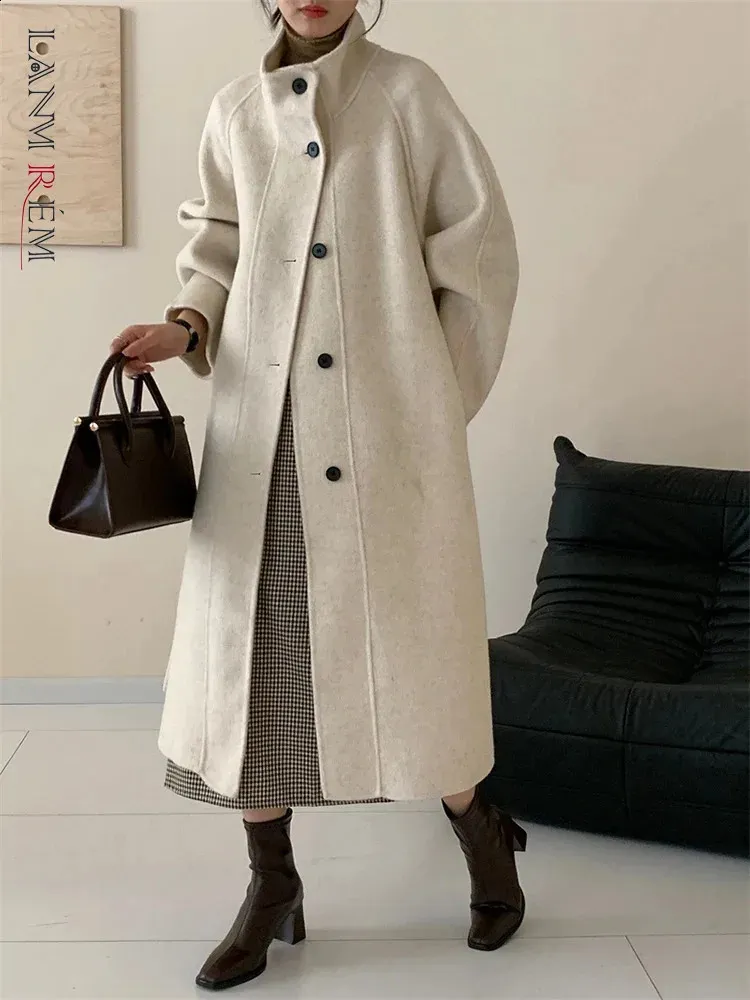 Elegant Double-Sided Wool Coat: Womens Stand Collar Lace-Up