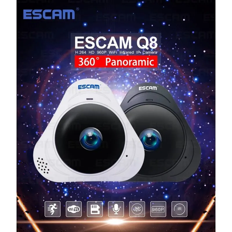 2024 ESCAM Q8 HD 960P 1.3MP 360° Panoramic gaming monitor Fisheye WIFI ...