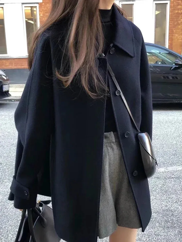 Korean Black Short Woolen Jacket For Women 2024 Autumn Loose