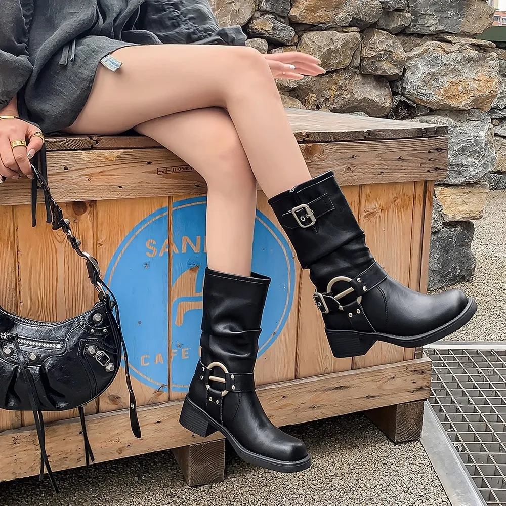 Chunky Designer PU Leather Platform Ankle Buckler Boots For Chunky Designer PU Leather Platform Ankle Buckler Boots For