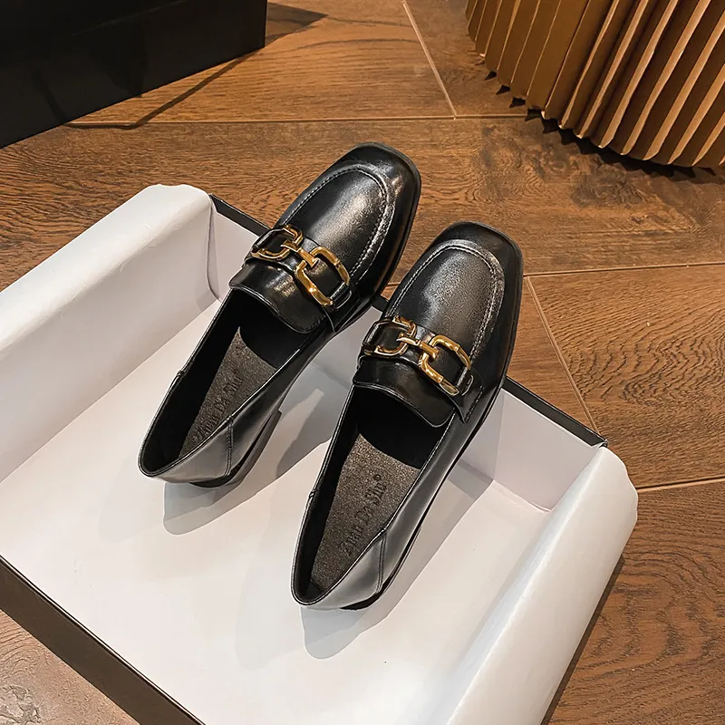 Women's Square Toe Slip-On Loafers with Metal Buckle Chunky Heel Leather  Flats, Soft Bottom, Big Size 43