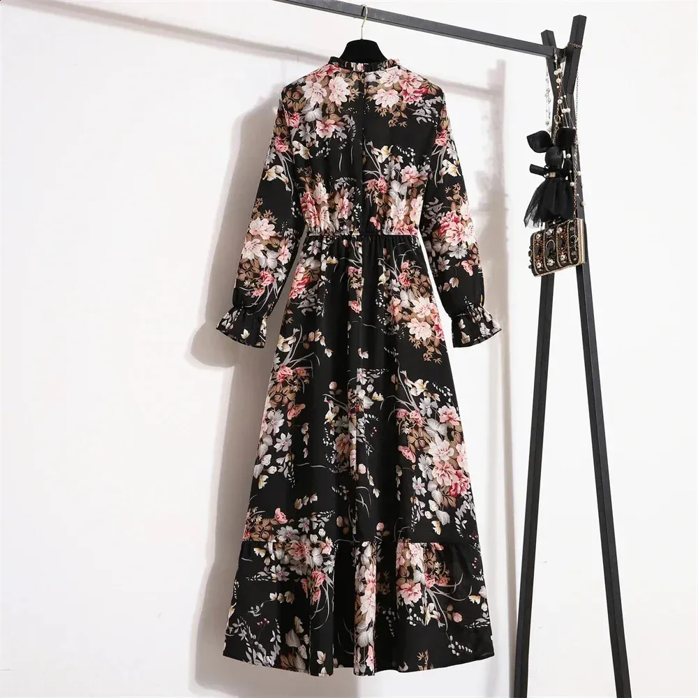■MOJO ESPIN(模造エスピン)Flower pattern chiffon long dress Retro Printed Chiffon Long black dress with Full Sleeves and