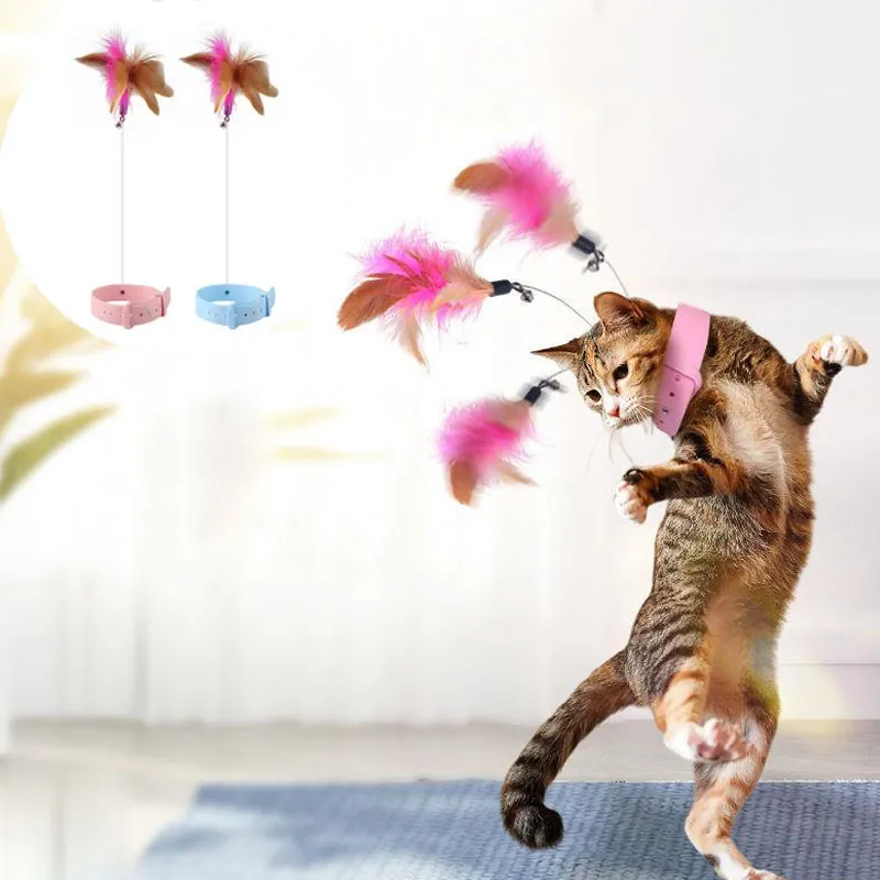 2pcs Cat Collar Toy With Feather & Bell – Adjustable Silicone Collar, Interactive Teaser Wand (Pink & Blue)