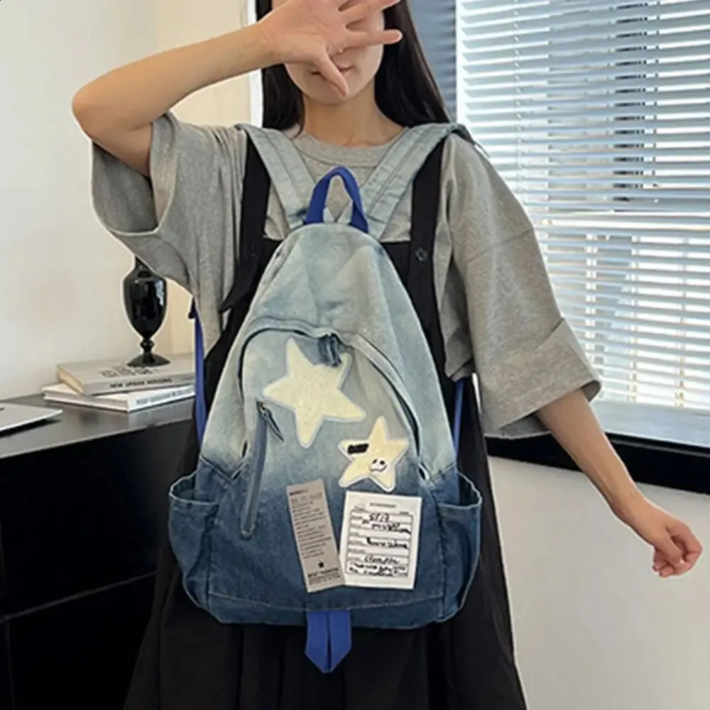Large Capacity Denim Star Backpack - Y2K Style, Unisex