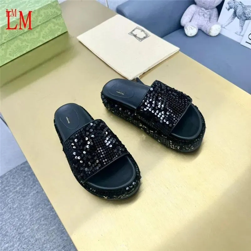 Luxury Designer Sequin Square Toe Glitter Black Rubber Slides With Platform And Leather Slaloms New Platform Slide Sandals With Box From Newxf03store 110.56 In Bulk DHgate.Com