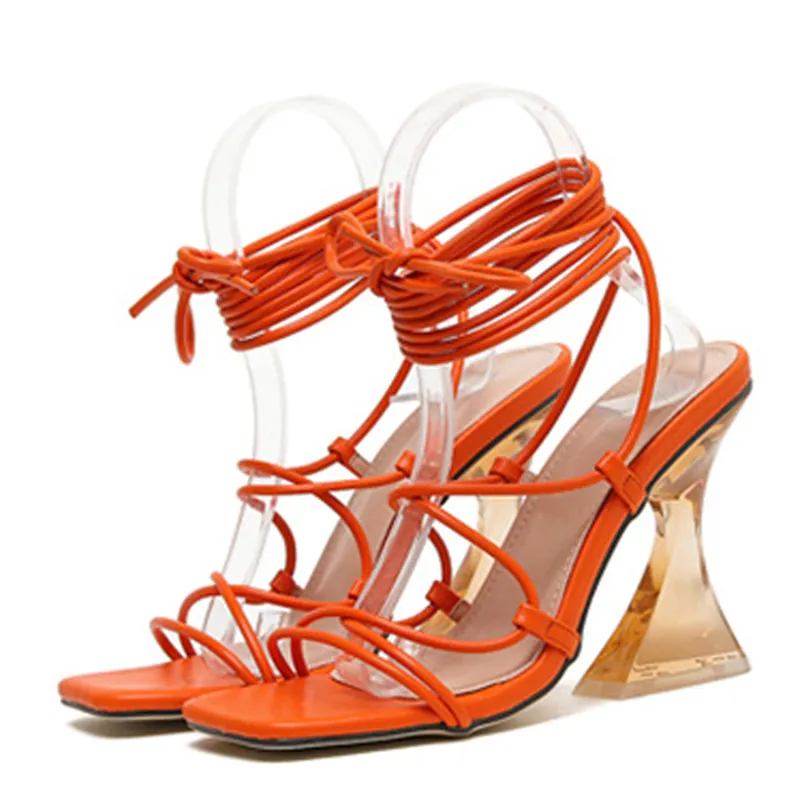 Women's Orange Crystal Clear High Heel Sandals Cross-Tied Ankle Lace Up  Square Toe Dress Shoes