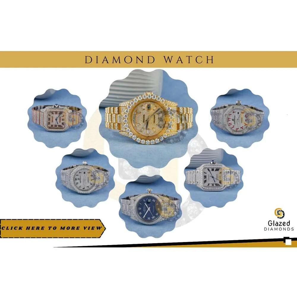 Customizable Baguette Cut VVS Clarity Moissanite Diamond Iced Out  chronograph watch for Hip Hop and Party Wear