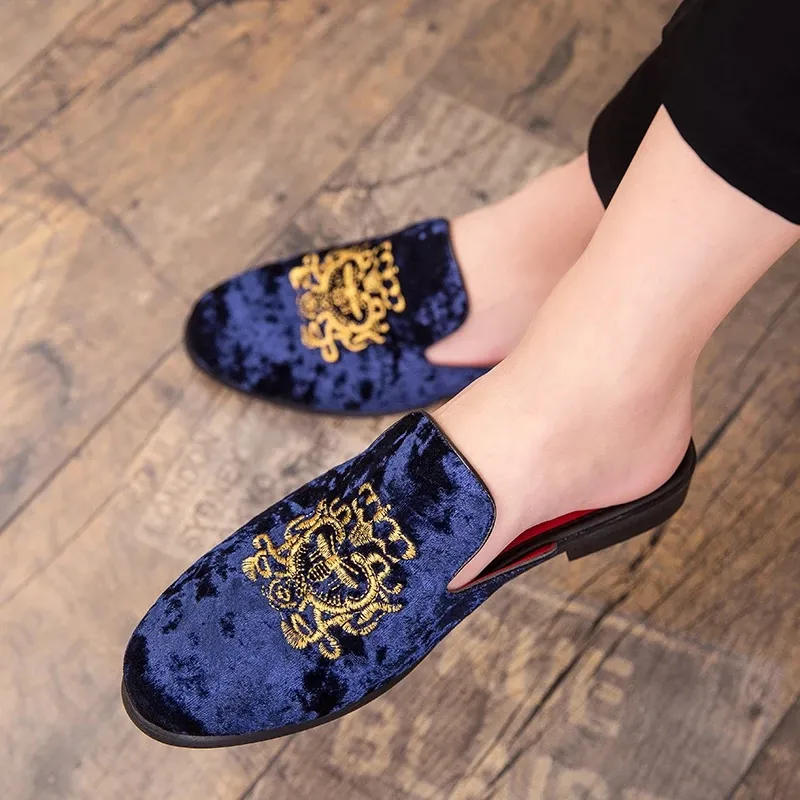 Mens Leather Mules: Royal Style Velvet Loafers With Bee Embroidery