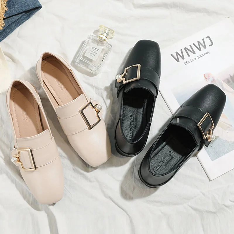 Women's Pearl Metal Buckle Leather Loafers - Square Toe, Thick Heel, Plus  Size 34-43