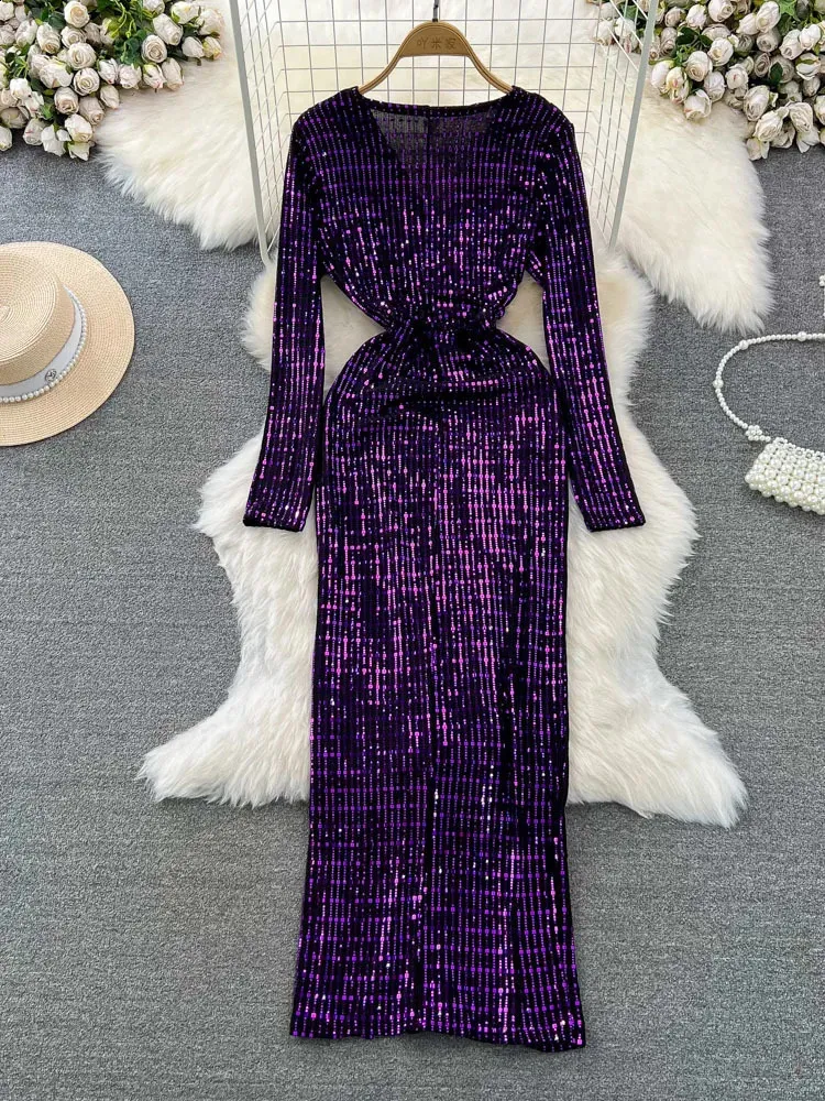 Women's Lavender Sequined Evening Gown with Glitter Patch Women's Lavender Sequined Evening Gown with Glitter Patch
