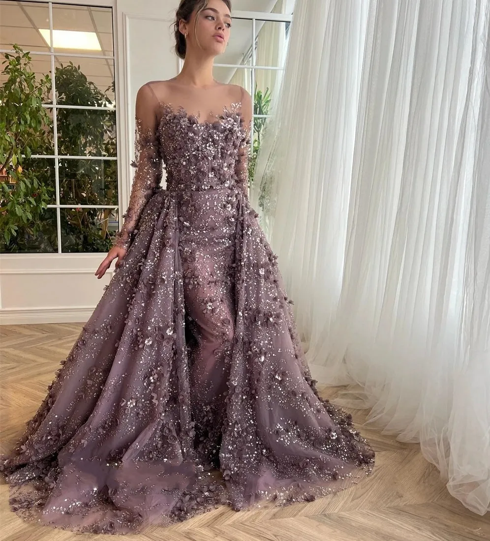 Evening Dress Sheer Neck Long Sleeves Beading 3D Flowers Tulle Floor-Length  Prom Gown with Zipper Back from Dhgate Evening Dresses - price 200.0