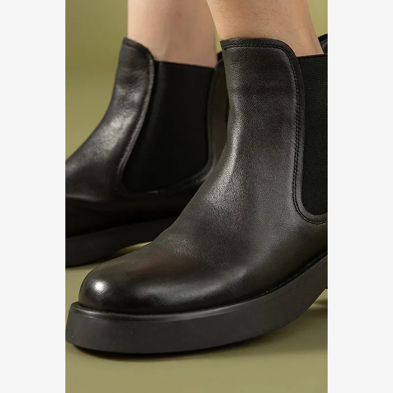 Women s Sheepskin Chelsea Boots Leather Ankle Boots with Elastic Band Round Toe Retro Handmade Shoes 03552