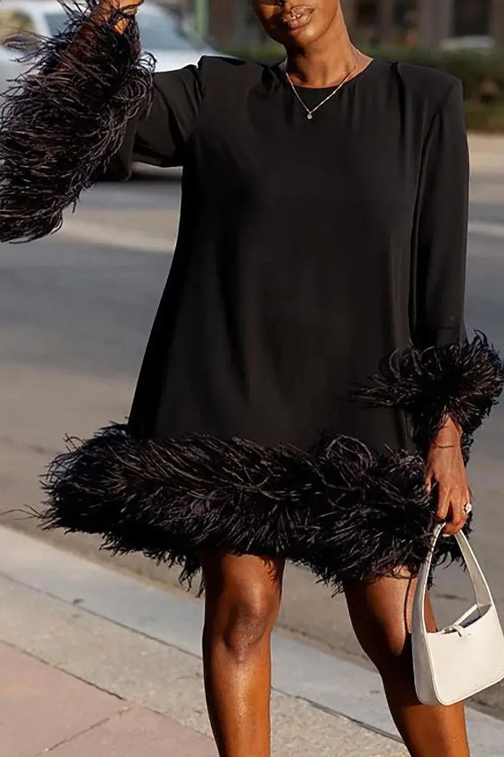 knee length dresses for ladies Maraya Plus Size White Rhinestone Mesh Long Sleeve Bottom Mini Feather Dress 6 US Women's Numeric / Slip Dress Include