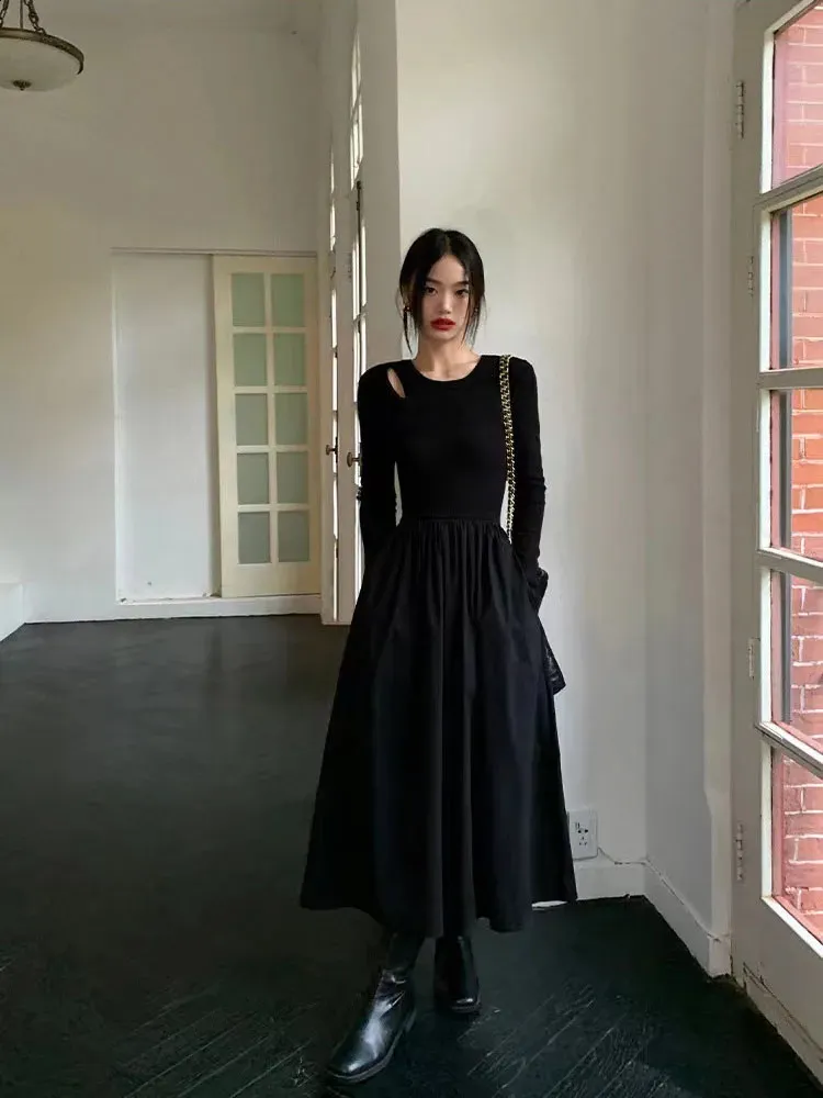 Ahorra a lo Grande en Compras al por Mayor de Vestido Midi De Crepe Negro  Vestido Hueco Vintage Vintage Negro Midi, Elegante Vestido De Línea A De