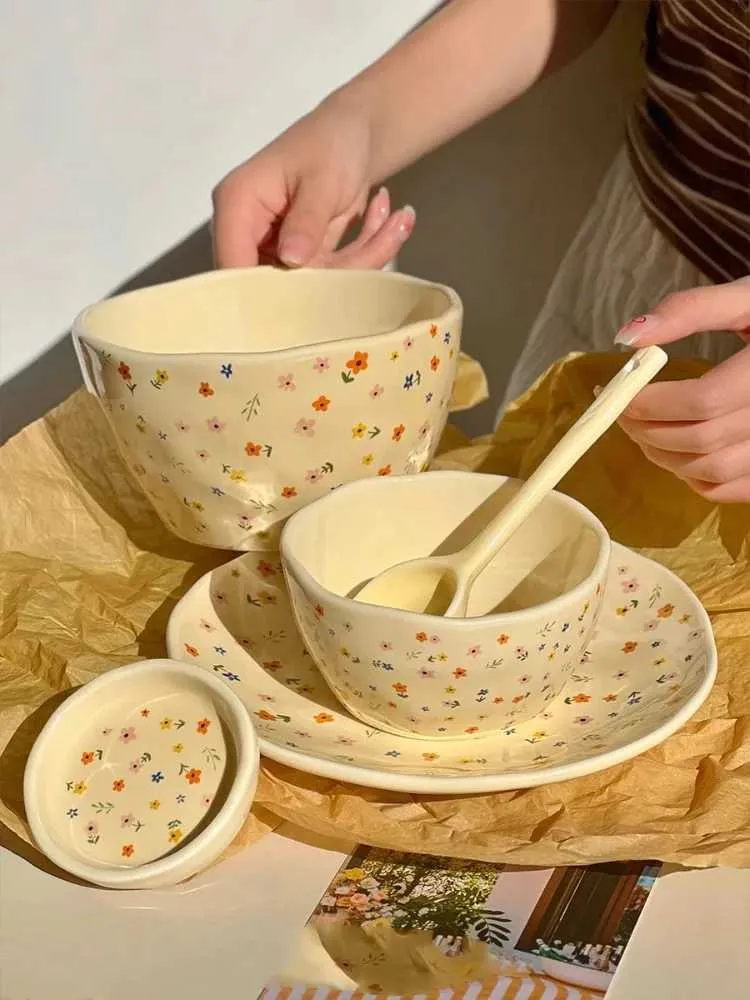 Floral Dinnerware Set: Vintage Stoneware Dishes for Breakfast