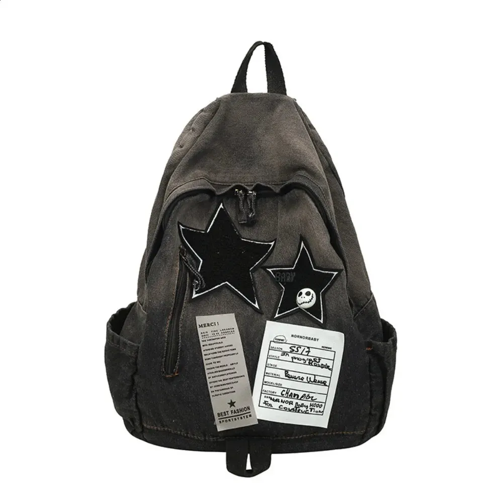 Large Capacity Denim Backpack with Star Pattern - Trendy Y2K