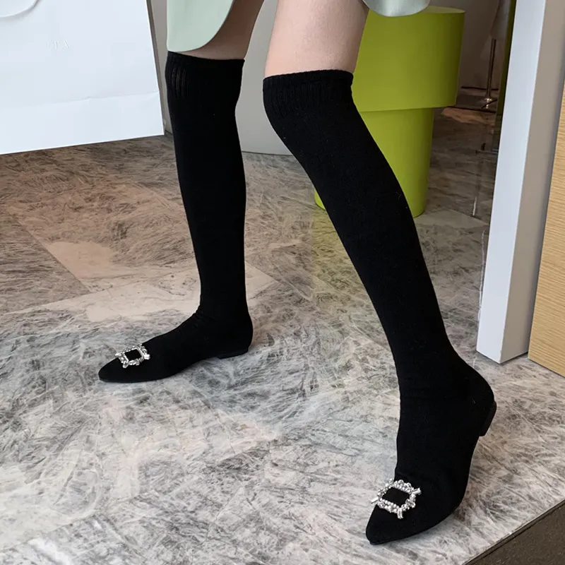 Save Big on Bulk Knee High Socks Heels Womens Black Thigh High Boots,  Crystal Buckle Sock Heels, New Design Slim Leg Over The Knee Flat Boots,  Stretch