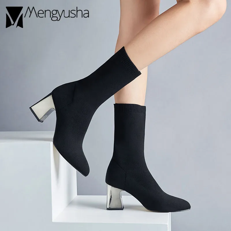Slim Leg Women's Mid-Calf Winter Boots Knitted Sock Booties for Women,  Silver Heel Detail Shop Now!