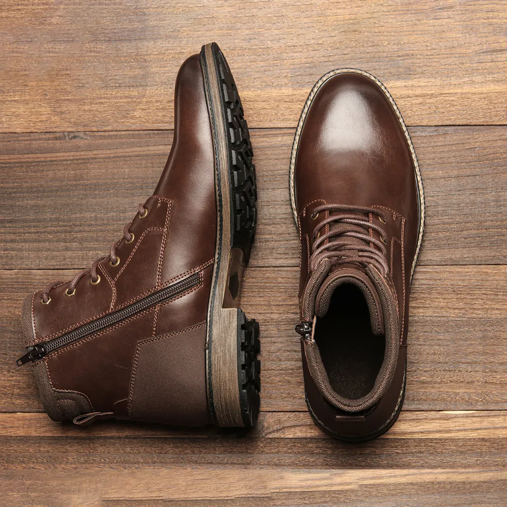 FOWT Dark Brown Men Fashion Round Toe Block Low Heel Stretchy Ankle Boots Mens Brown Ankle Dress Boots, Stylish Brown Leather Ankle  main image 2