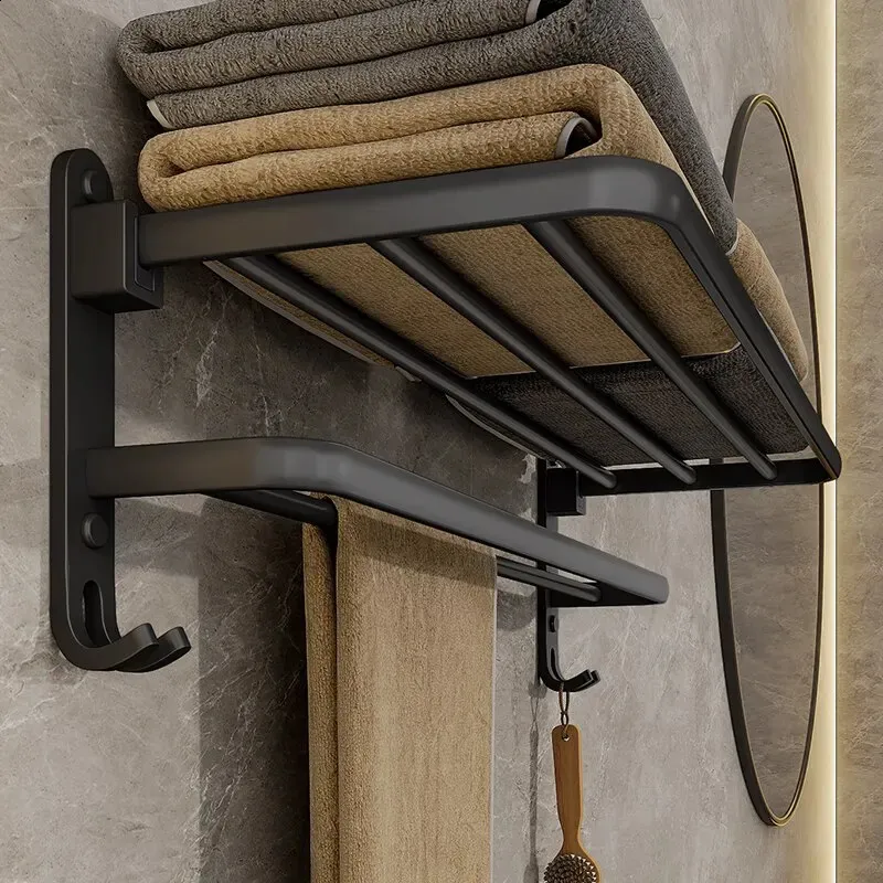 Wall Mounted Towel Rack With Shelf: Matte Black 50cm Folding