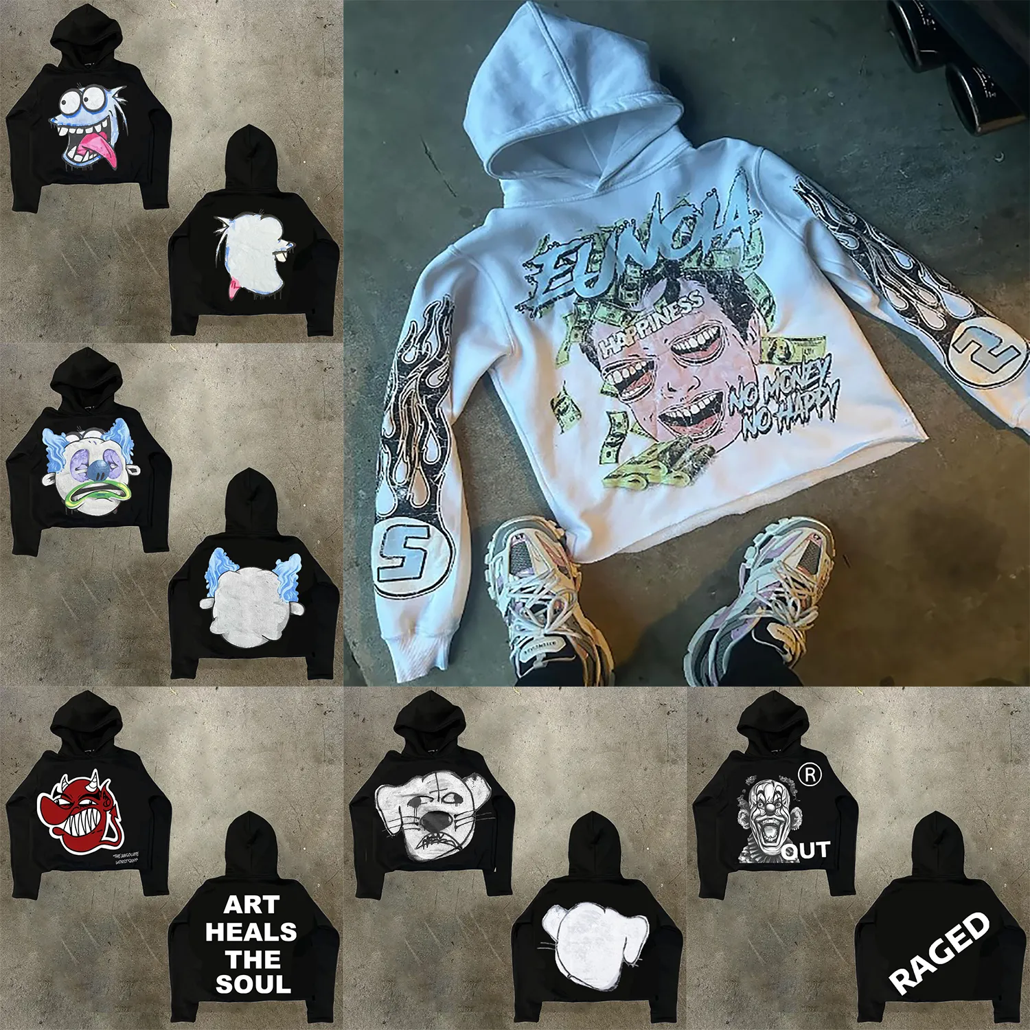 Oversized 2024 Graphic Print Unisex White Hoodie Y2K Gothic Sweatshirt