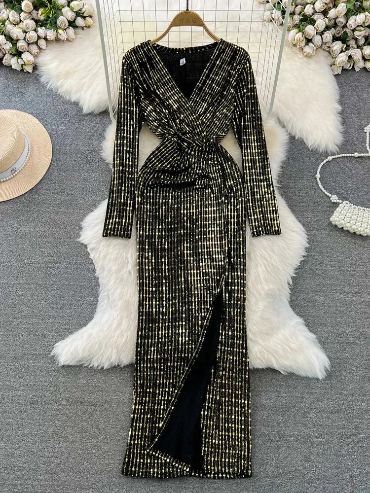 Womens Y2K Glitter Patchwork Dress Long Sleeve V Neck Split, Hip Wrap,  Autumn Style From Charm_clothes, $30.42 In Bulk | DHgate.Com