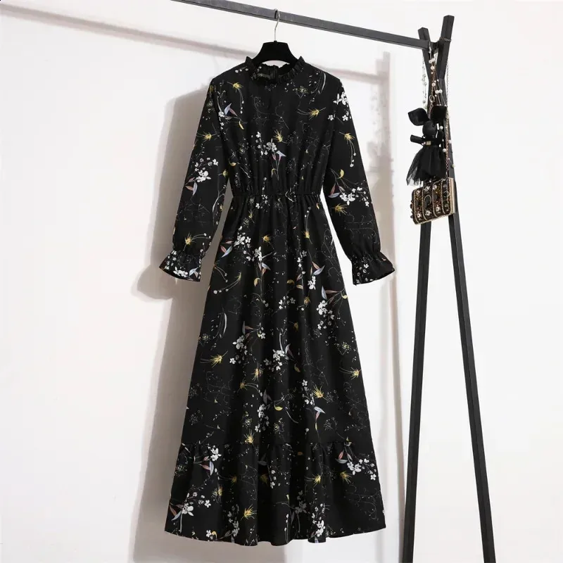 Mujeres Señora Gasa Primavera Vestidos Largos Estampado Floral Camisa Cuello Manga Larga Botón Nueva Moda Elegante Señora Vestido Casual