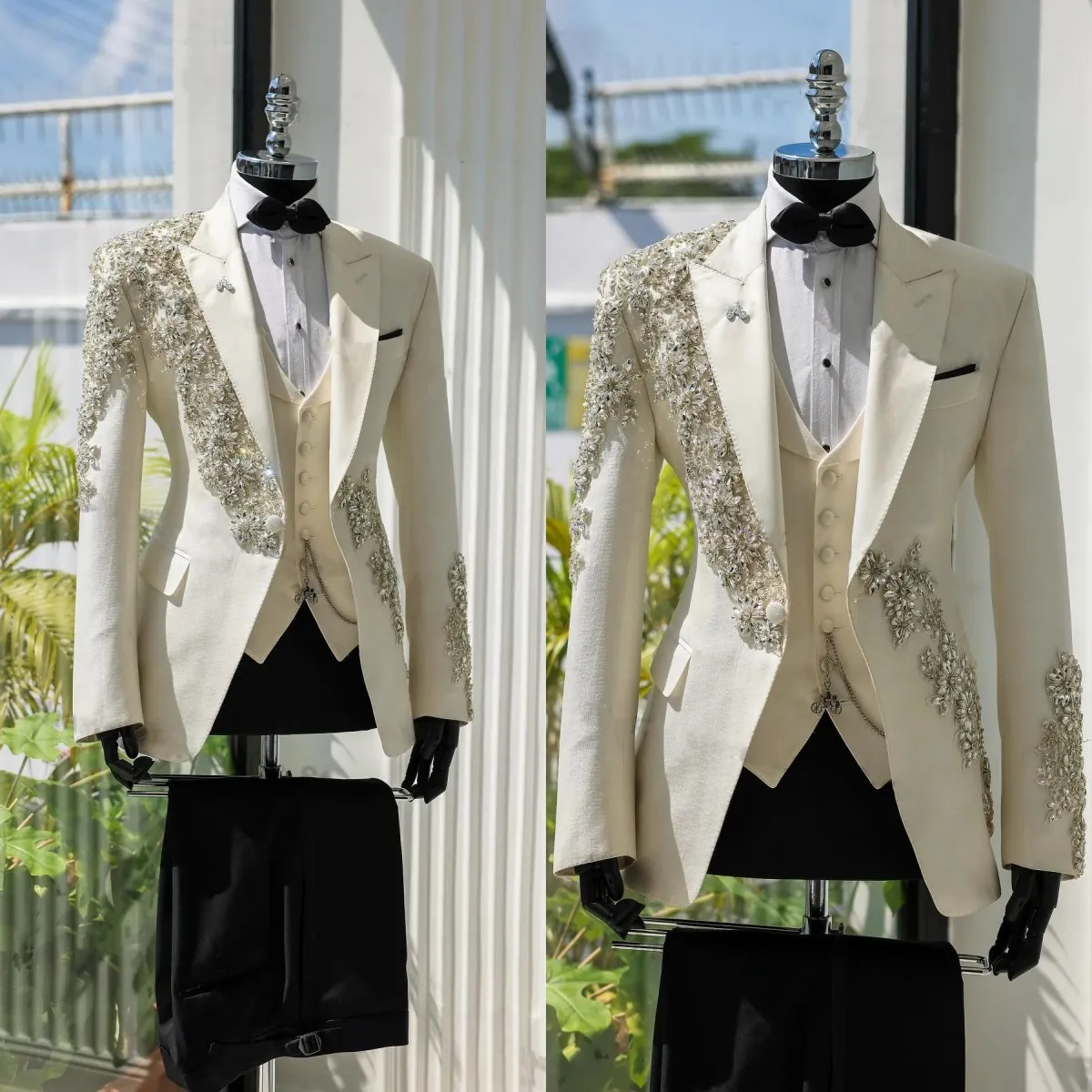 Luxurious Mens Suit Set Crystal Peaked Lapel Tailored Blazers