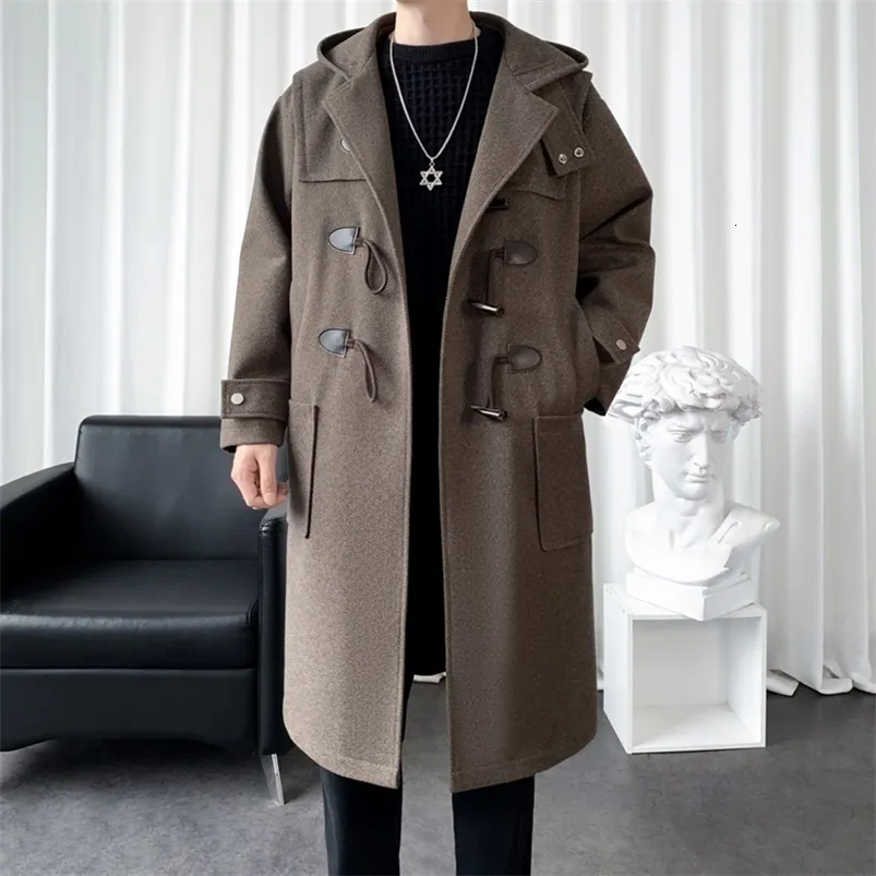 Mens Wool Trench Coats: Long Hooded Coat Mens, Korean Style Winter