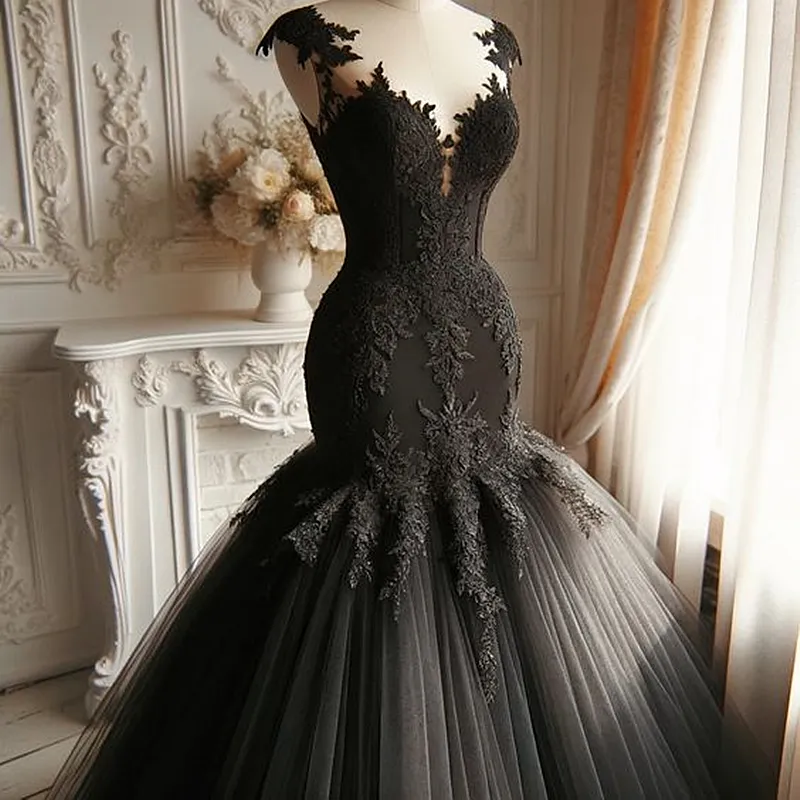 knee length dresses for ladies Black Lace 2-in-1 Mermaid Wedding Dress with Detachable Sleeves – BK108 –  Viniodress