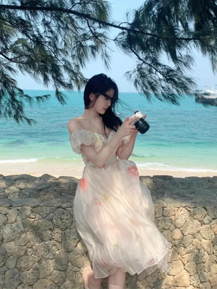 Woman Dress Beach Sexy Holiday Bubble Sleeve Suspender Floral French  Premium Sweet Temperament Fairy Long Dresses Harajuku 240902