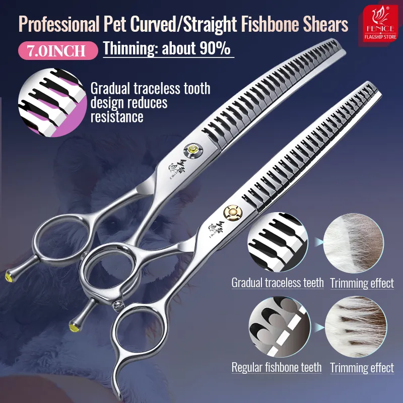 FOGOSP Professional 7.5 Dog Grooming Scissors Kit 4pcs, JP 440C Stainless Steel Curved Blender