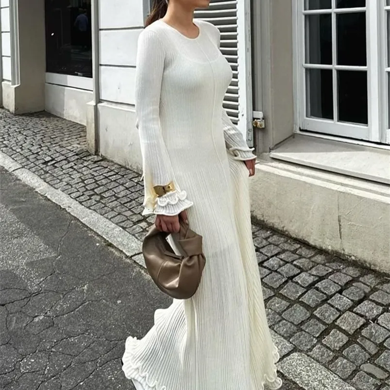 Elegant Knit Long Dress with Ruffle Hem Flare Sleeves Shop Now