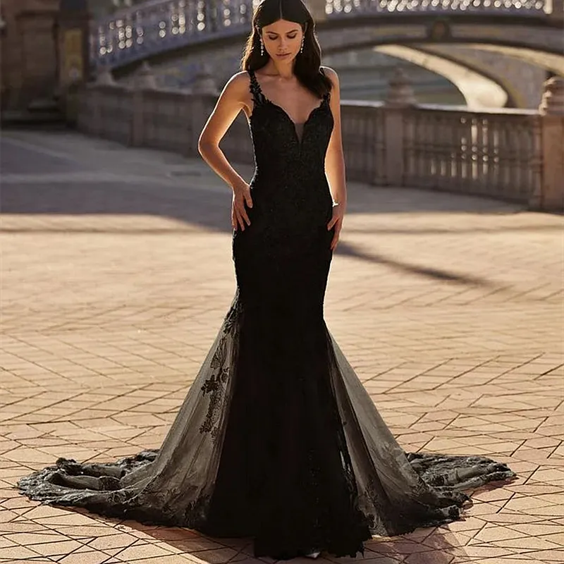 blue dress for baby girl Elegance En Noir – Black Lace Mermaid Wedding Dress main image 1