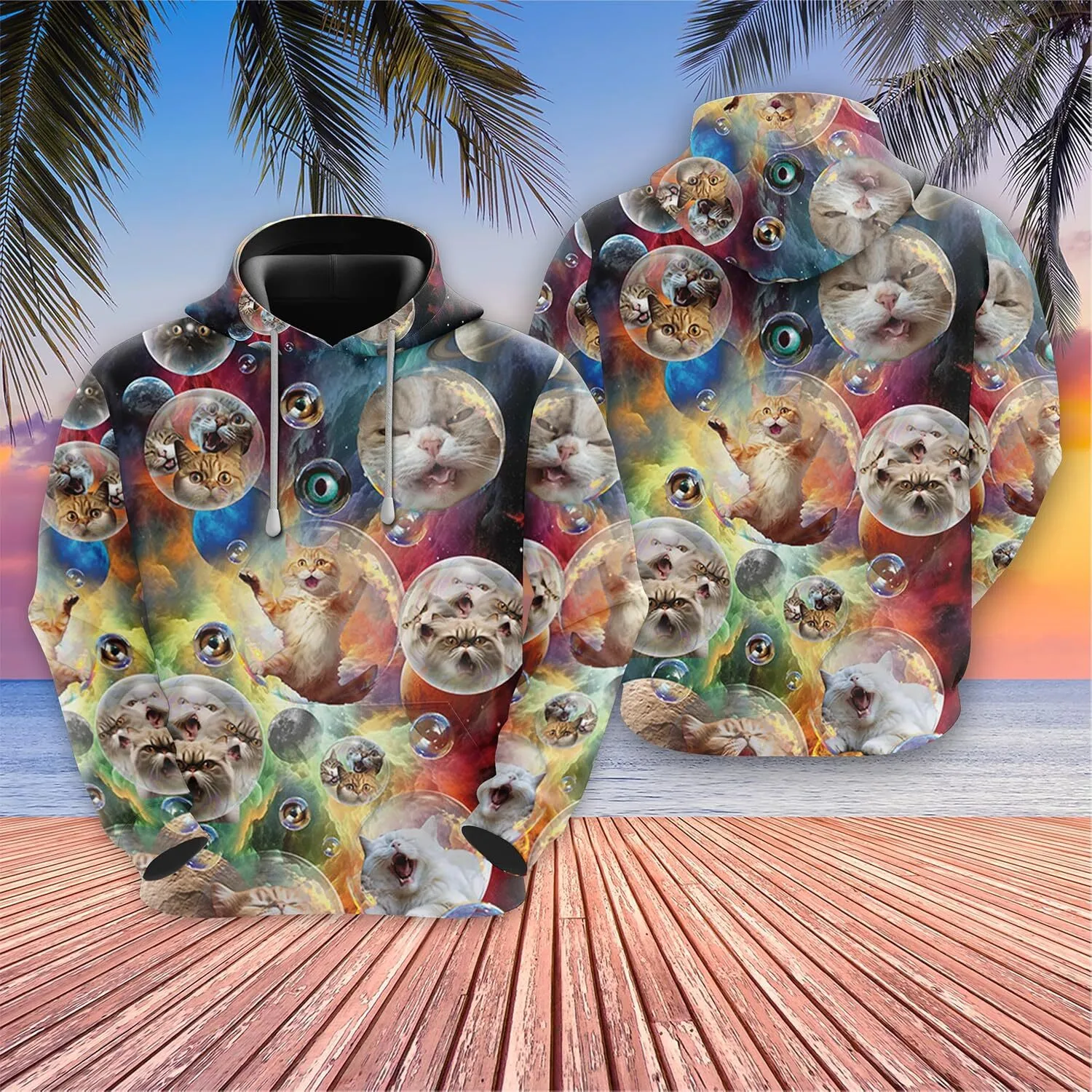 Funny Cat 3D Printed Hoodie for Men Galaxy Cat Fleece Hooded Sweatshirt