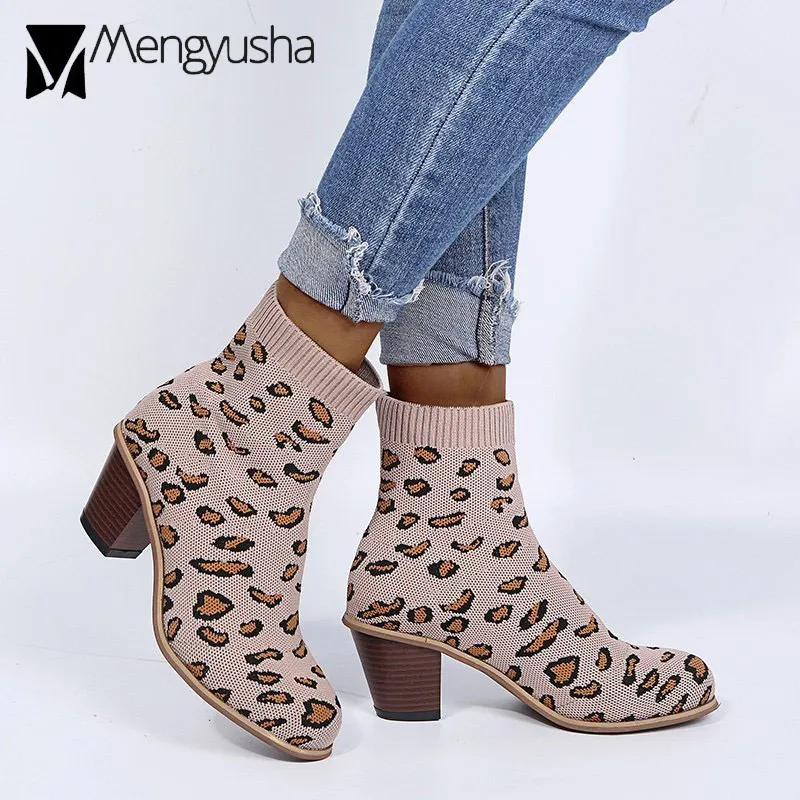 Womens Leopard Print Stretch Knit Booties High Heel Elastic