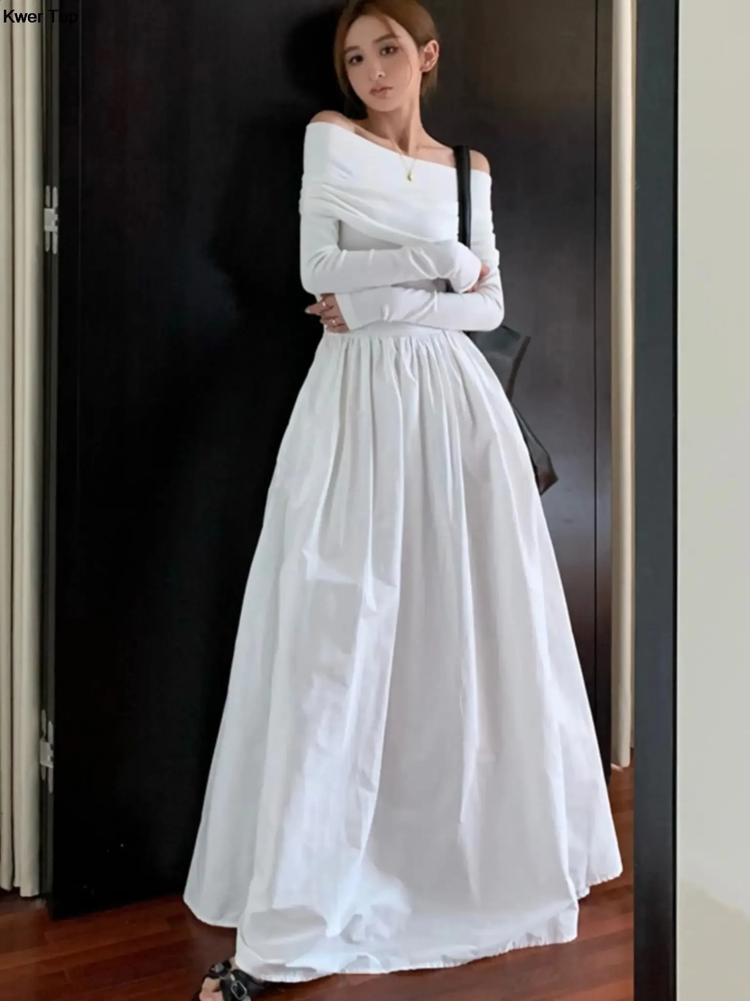 Elegant White Party Maxi Dress Long Sleeve Evening Gown, Korean