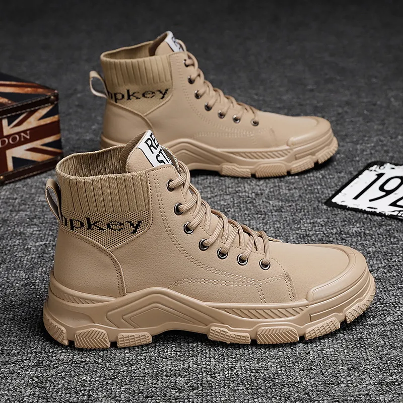 Work Boots Men PU Leather High Top Casual Shoes Platform Ankle