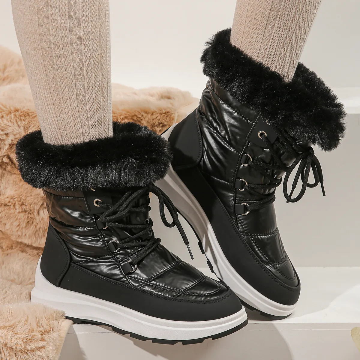 Stivaletti Doposci Bianchi Con Pelo Stivali Neve Donna Doposci