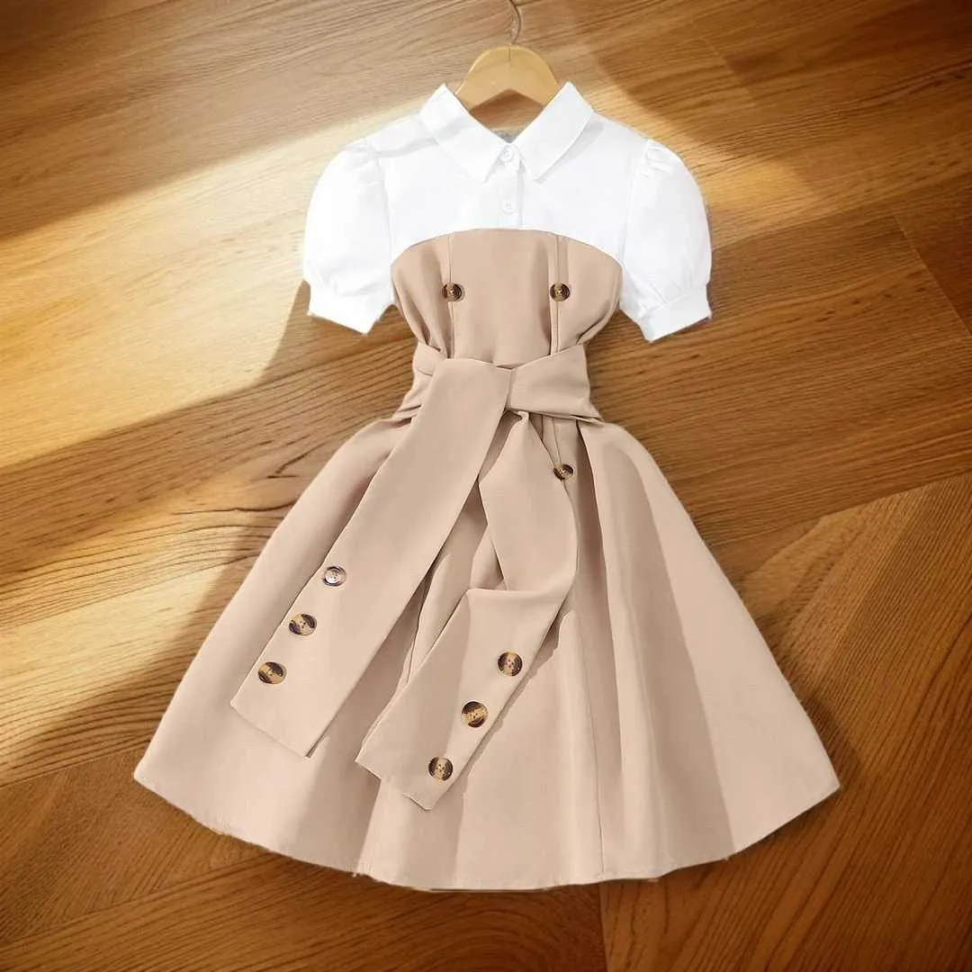 Girls Patchwork Midi Dress, Short Sleeve, Khaki, Summer Casual,